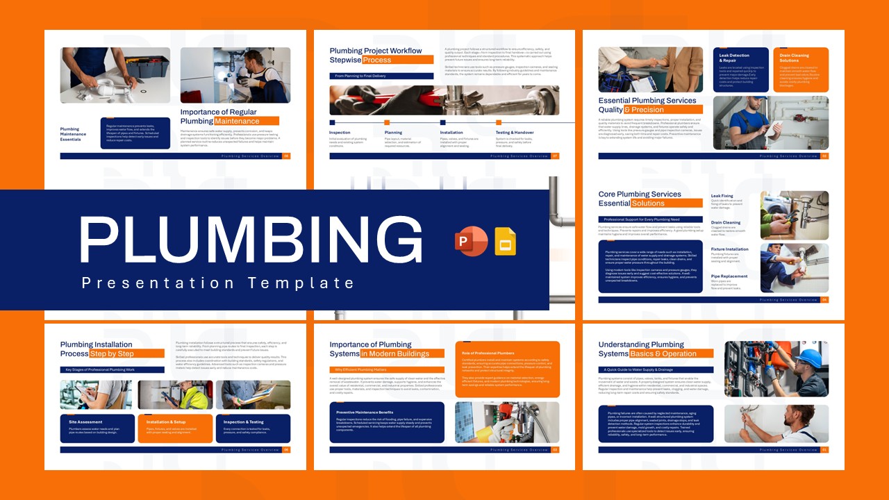 Plumbing company presentation template with professional PowerPoint slides for plumbing services, installation, repair, and maintenance business.