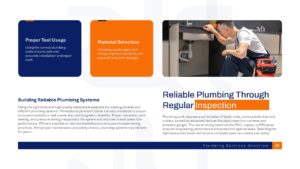 Plumbing installation PowerPoint slide illustrating installation process, system setup, inspection, and testing workflow.