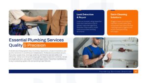 Plumbing maintenance services presentation slide highlighting essential plumbing services, preventive maintenance, inspections, and repair solutions.