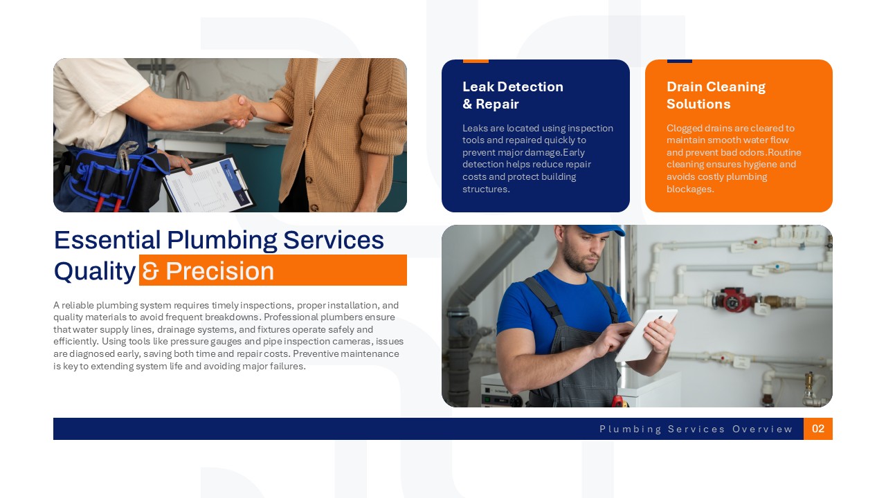 Plumbing maintenance services presentation slide highlighting essential plumbing services, preventive maintenance, inspections, and repair solutions.
