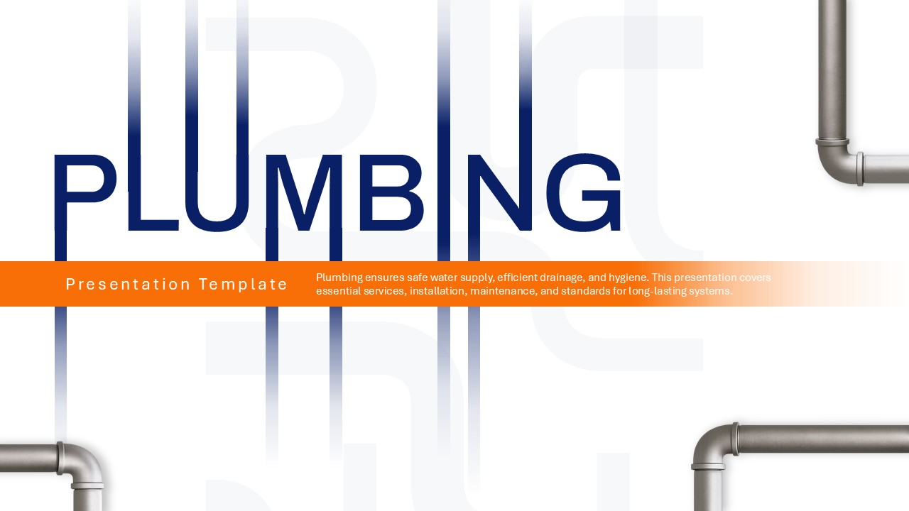 Modern plumbing PowerPoint template featuring clean presentation design for plumbing contractors, maintenance companies, and service businesses.