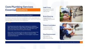 Plumbing services essentials Google Slides template presenting core plumbing services, leak detection, drain cleaning, and pipe maintenance.