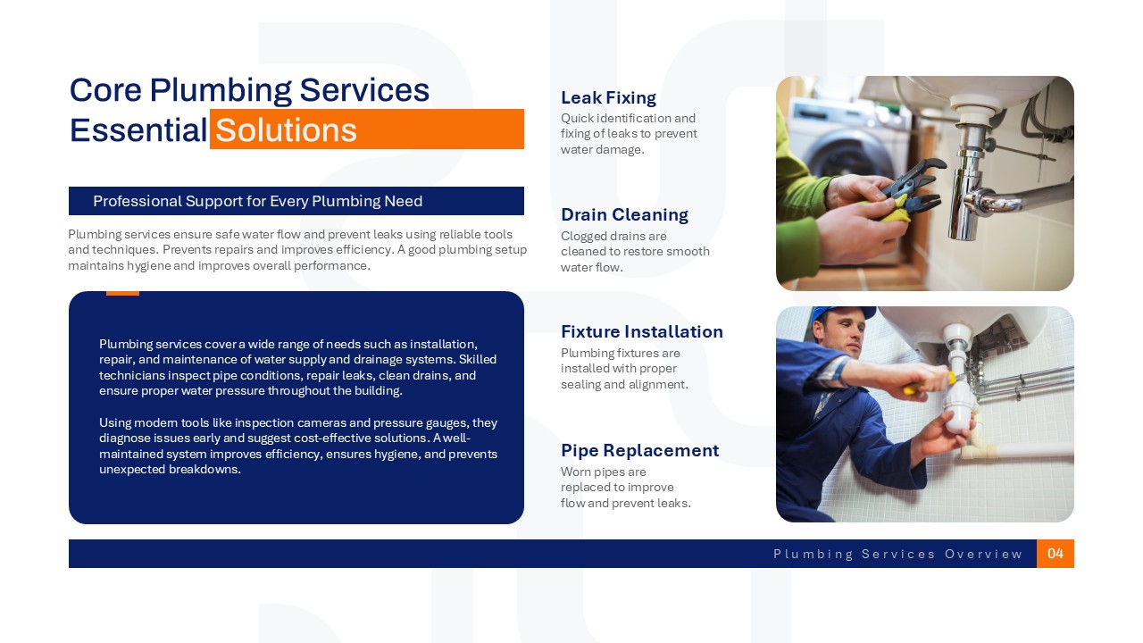Plumbing services essentials Google Slides template presenting core plumbing services, leak detection, drain cleaning, and pipe maintenance.