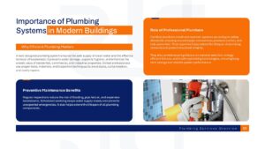 Plumbing services importance presentation slide explaining the role of plumbing systems, maintenance, safety, and operational efficiency.