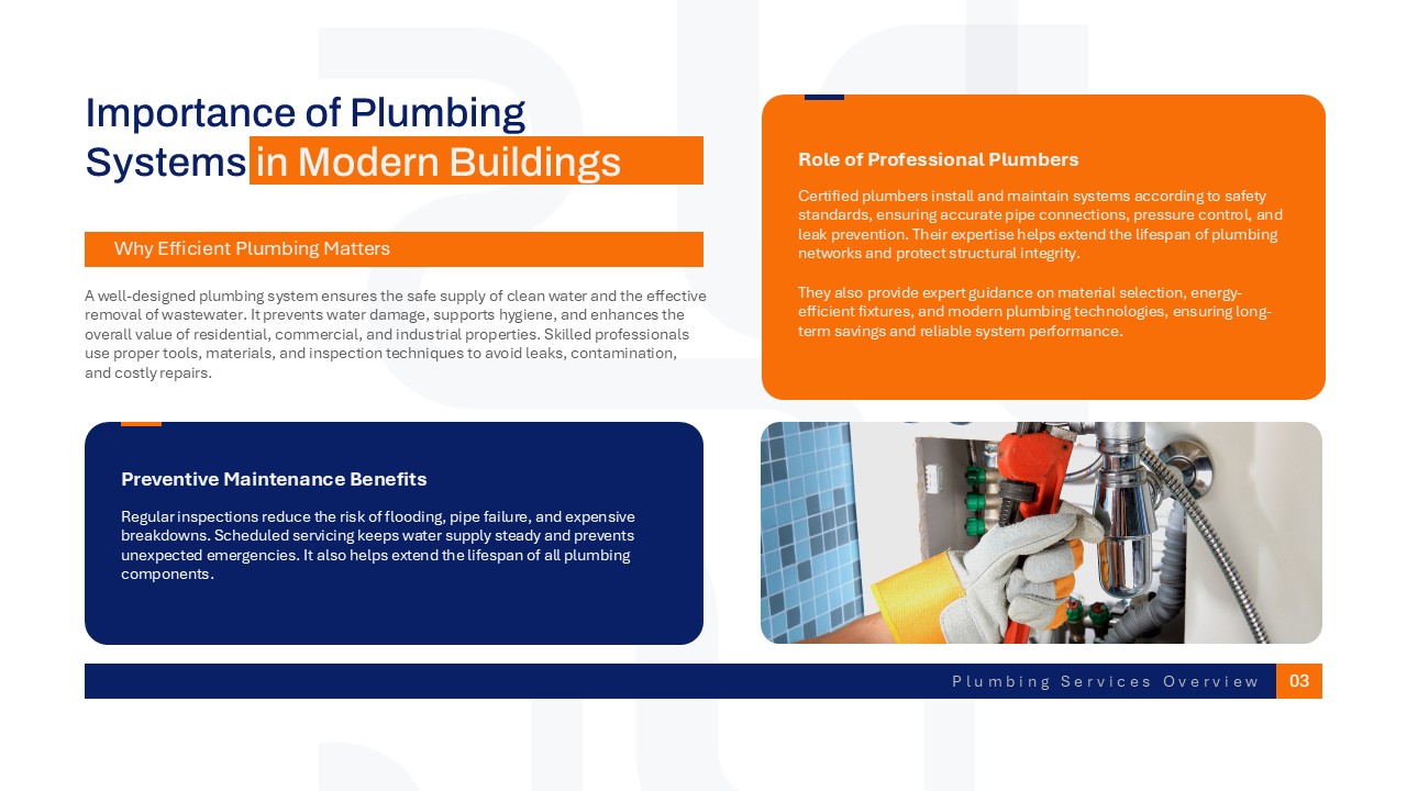 Plumbing services importance presentation slide explaining the role of plumbing systems, maintenance, safety, and operational efficiency.