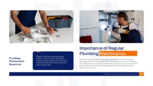 Plumbing services maintenance PowerPoint and Google Slides template highlighting maintenance schedules, inspections, and plumbing system reliability.