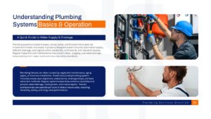 Plumbing services presentation template explaining plumbing systems, installations, maintenance, and repair solutions for business presentations.