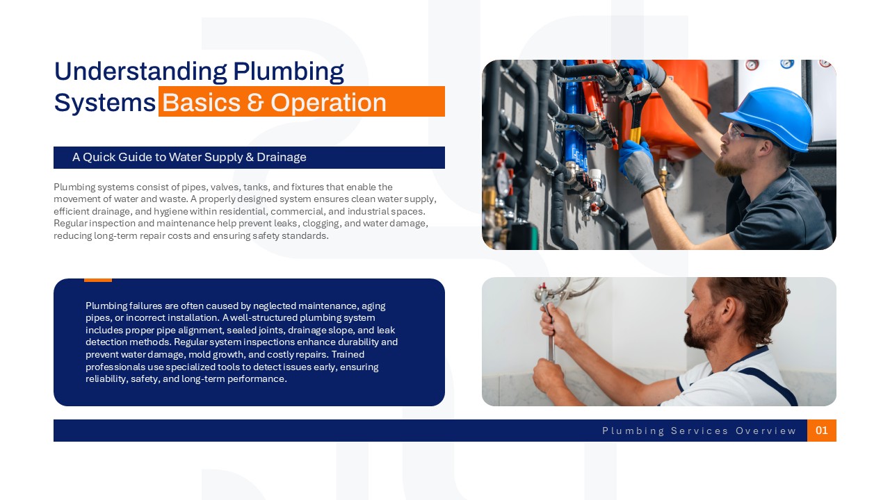 Plumbing services presentation template explaining plumbing systems, installations, maintenance, and repair solutions for business presentations.
