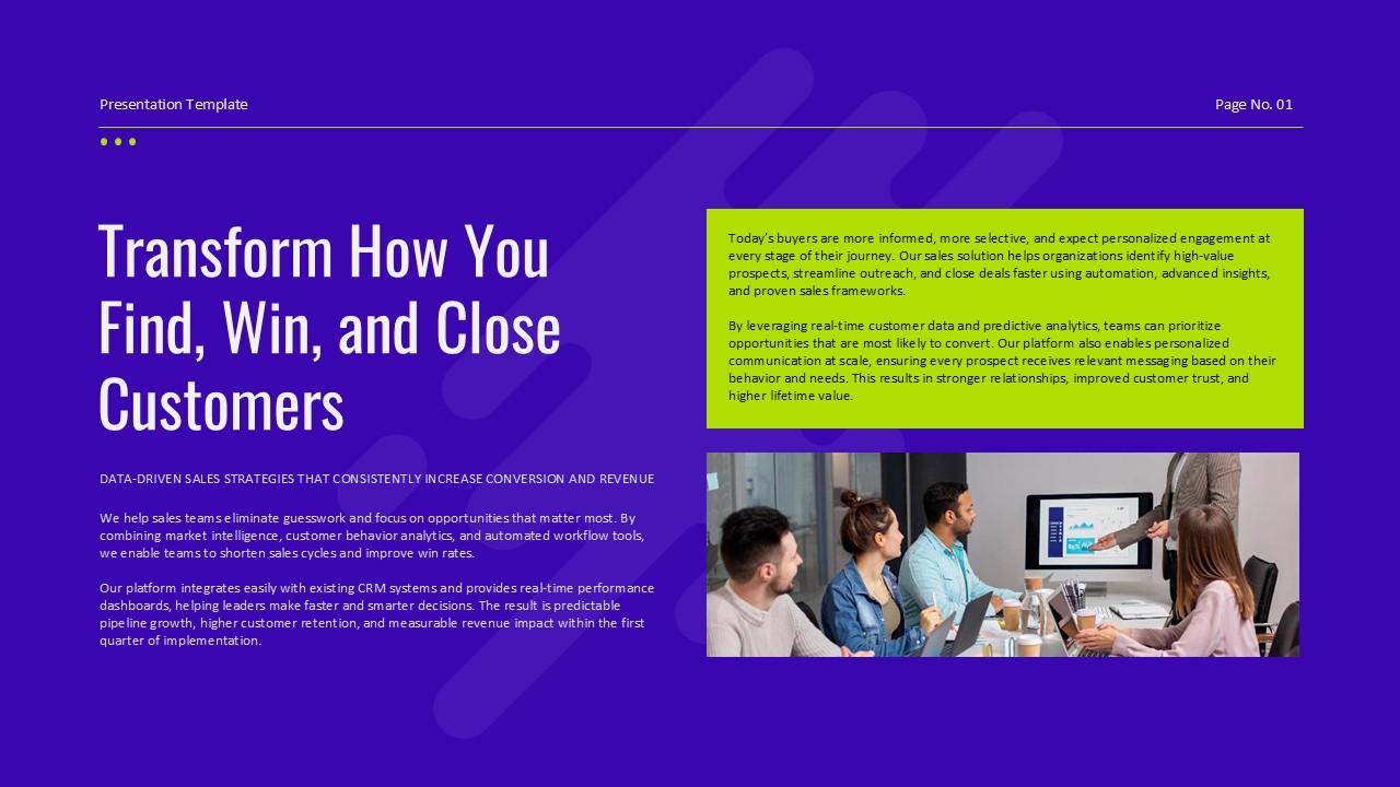 Sales presentation slide featuring customer acquisition strategies, sales growth planning, and business development insights.