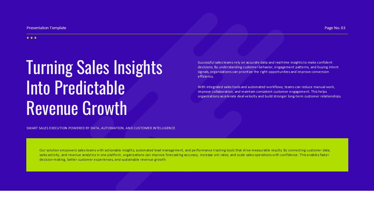 Sales presentation example slide demonstrating revenue growth strategies, business insights, and sales performance improvements.