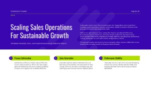 Business growth presentation slide outlining scalable sales strategies, market expansion, and long-term growth planning.
