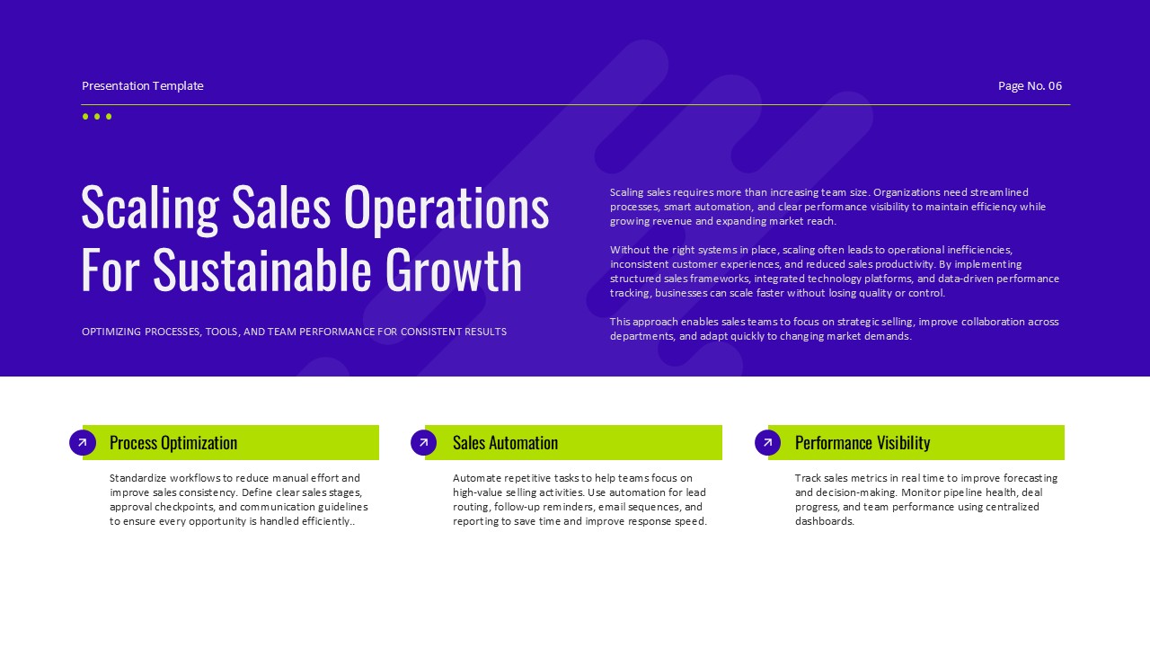 Business growth presentation slide outlining scalable sales strategies, market expansion, and long-term growth planning.