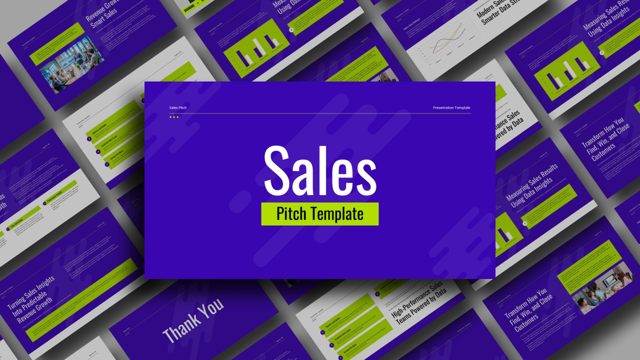Sales pitch presentation template cover slide showcasing a professional sales deck with multiple business presentation layouts.