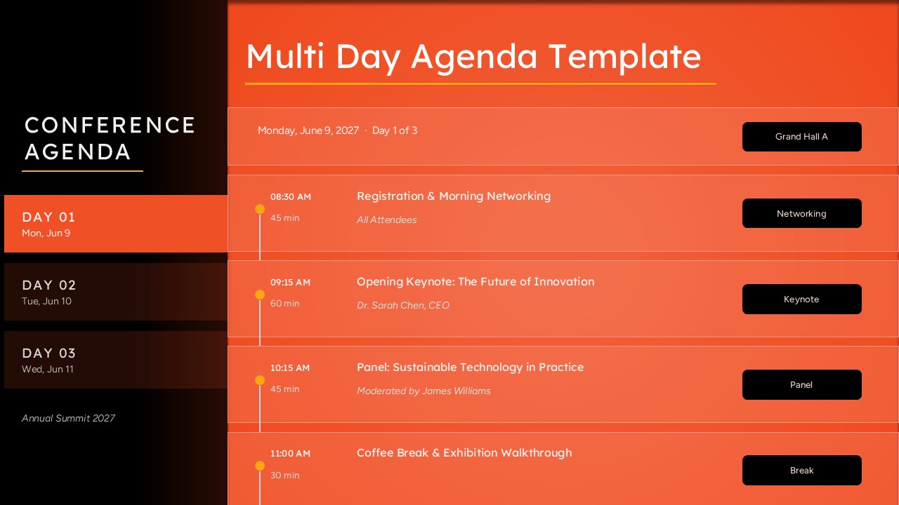 3 Day Conference Agenda Slide PPT Template