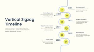 6 Year Vertical Zigzag Timeline Template - six milestones, blue timeline path, and lime yellow icons