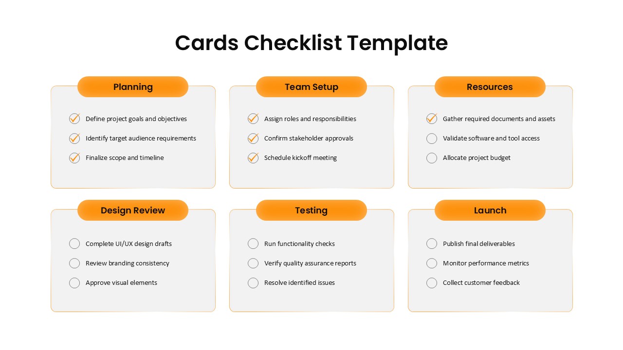 6 phase checklist card project management template for PPT & Google Slides