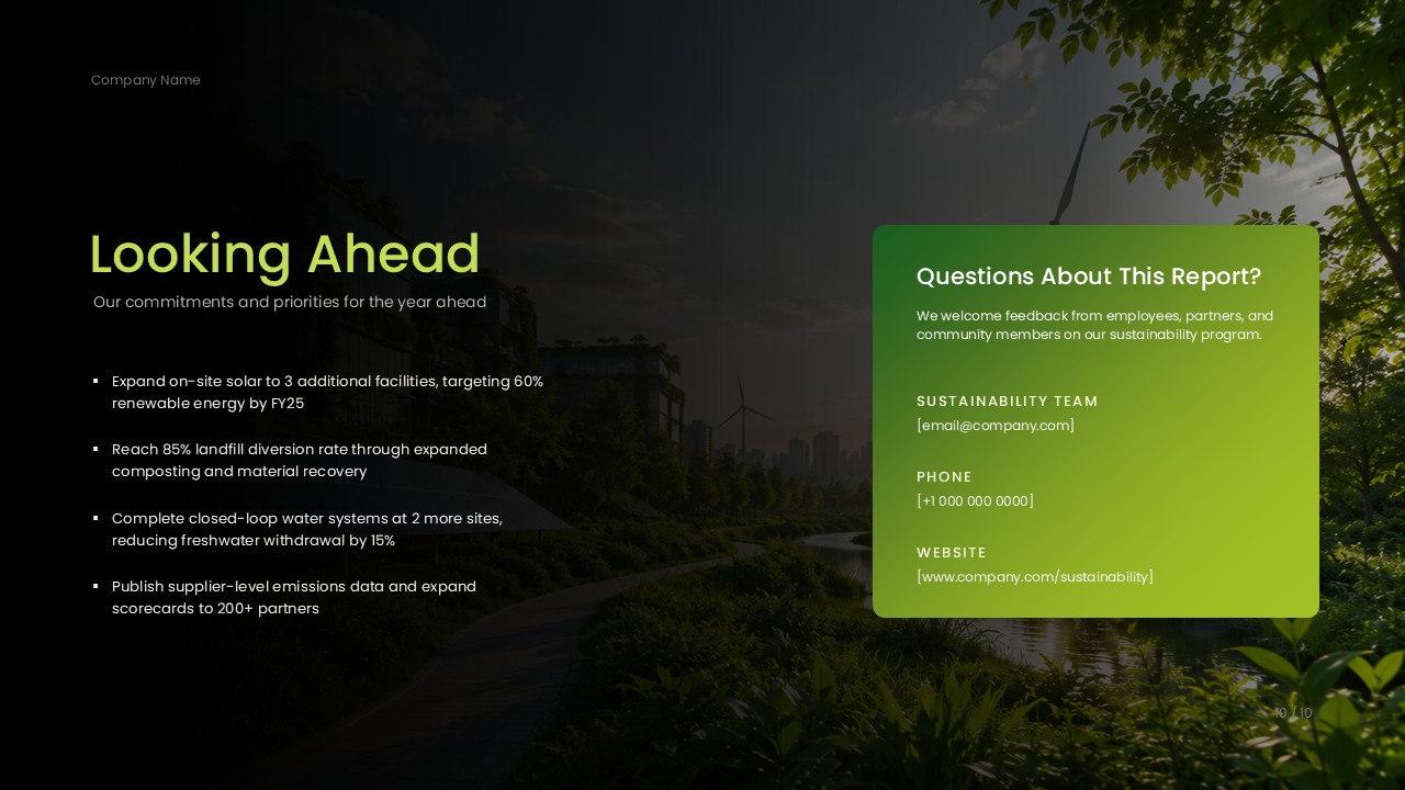 Any Questions Slide for Business Report Presentation - dark green closing slide with questions, key points, and environmental background image