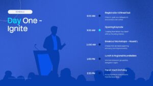 Conference Agenda PowerPoint Template - event schedule slide with agenda items, timings, and leadership conference visuals