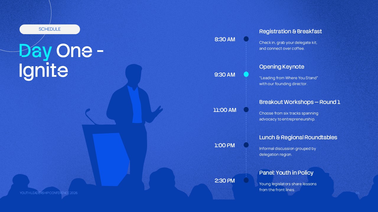 Conference Agenda PowerPoint Template - event schedule slide with agenda items, timings, and leadership conference visuals