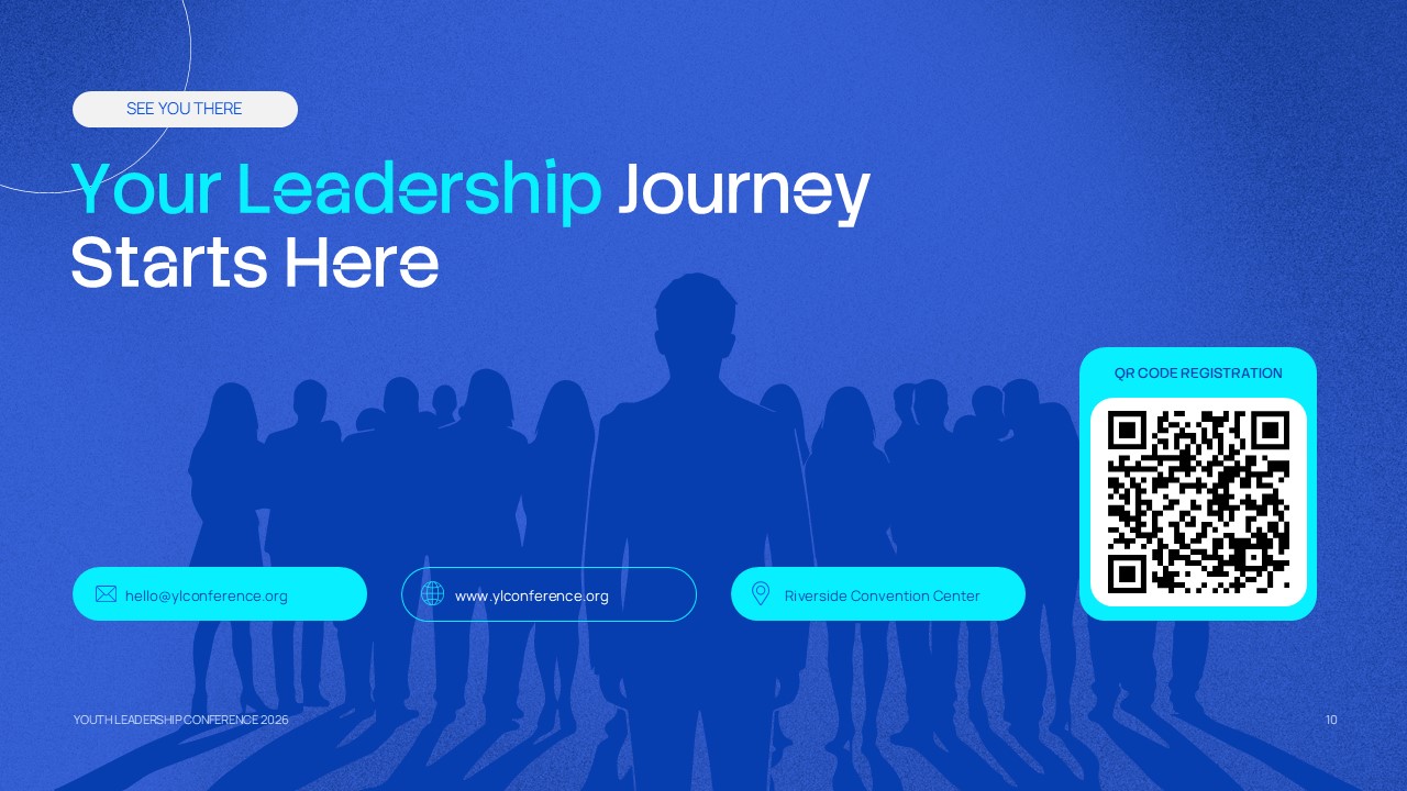 Conference Event Slide for Candidate Registration - leadership conference registration slide with event journey, QR code, and registration details