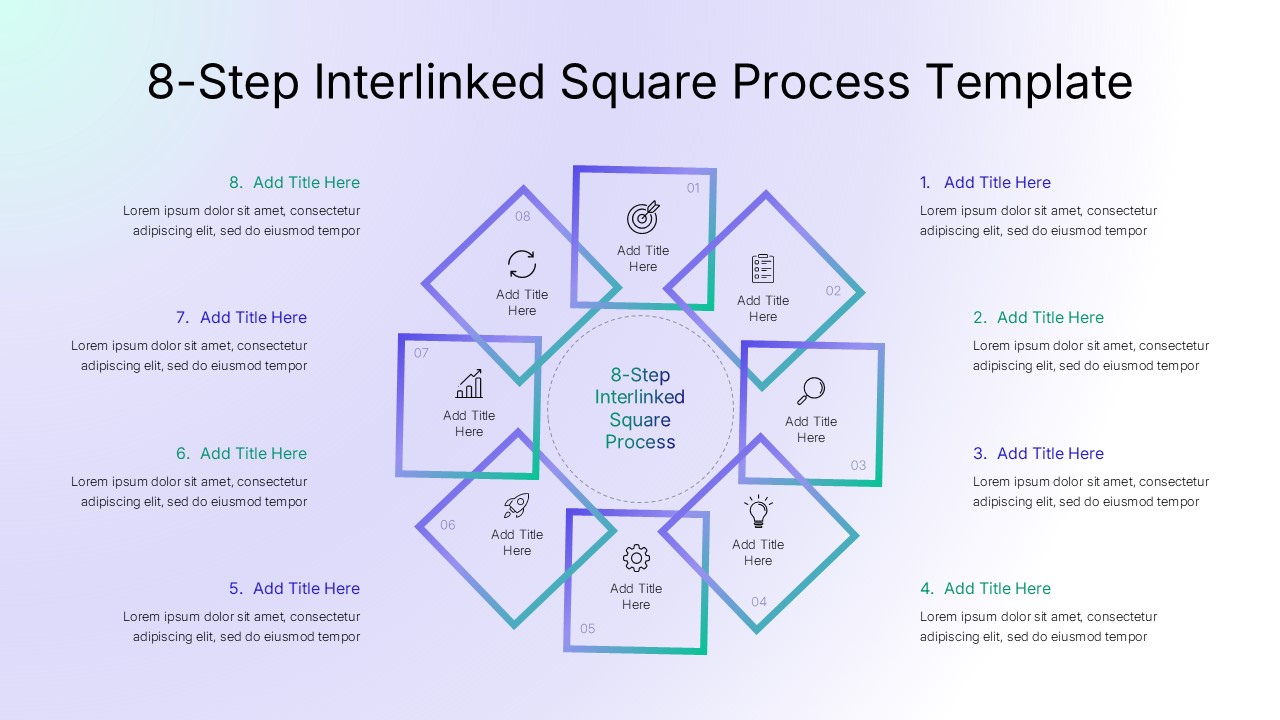 Eight-Step Interlinked Square Process Google Slide Template