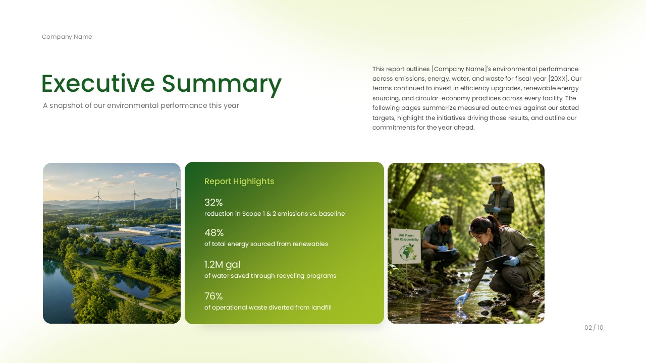 Environmental Impact Report Executive Summary Slide - summary layout with environmental statistics, landscape image, and green information cards