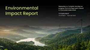 Environmental Impact Report PowerPoint Template - cover slide with wind turbines, green landscape, and environmental report title