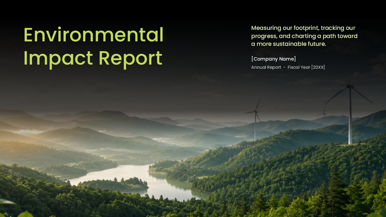 Environmental Impact Report PowerPoint Template - cover slide with wind turbines, green landscape, and environmental report title