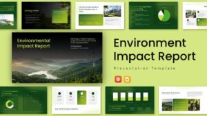 Environmental Impact Report Presentation Template - presentation overview showing environmental report cover, KPI metrics, charts, initiatives, and green themed slides