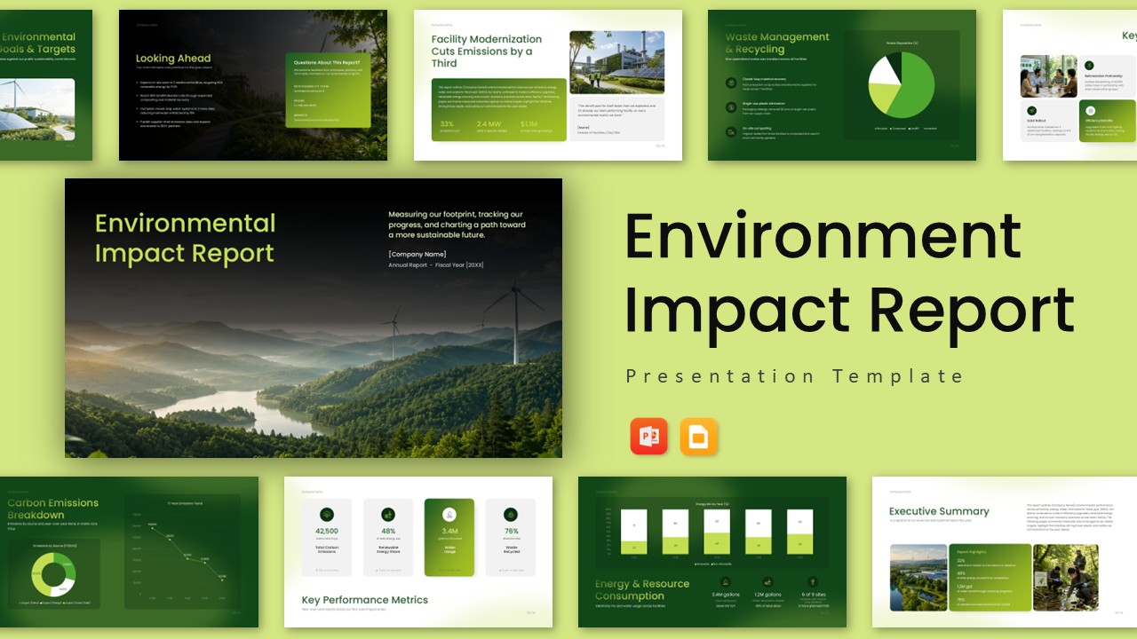 Environmental Impact Report Presentation Template - presentation overview showing environmental report cover, KPI metrics, charts, initiatives, and green themed slides