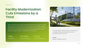 Environmental Presentation Template - facility modernization case study with emissions reduction statistics, image, and green content panels