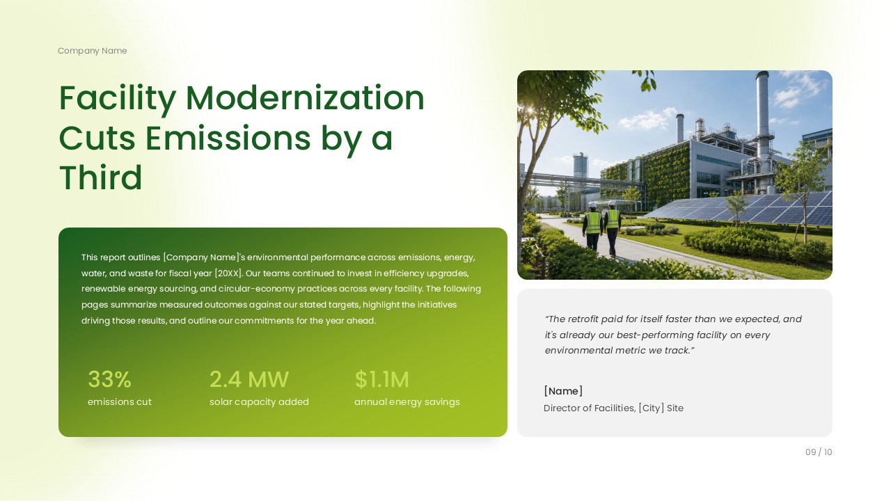Environmental Presentation Template - facility modernization case study with emissions reduction statistics, image, and green content panels