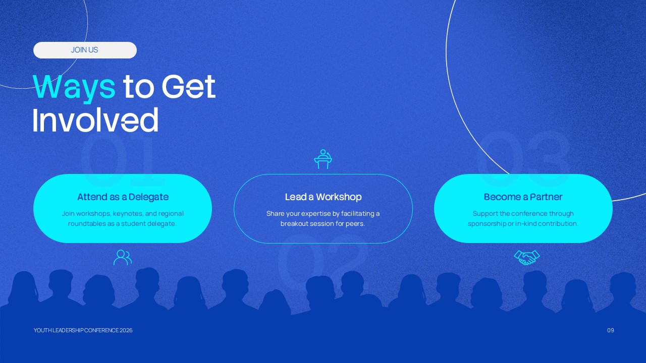 Join With Us Slide Template - conference participation slide with three ways to get involved and audience visuals