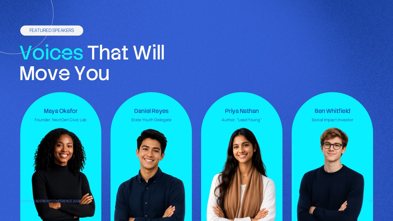 Leadership Conference Presentation Team Introduce Slide - four speaker profiles with photos, names, roles, and conference branding