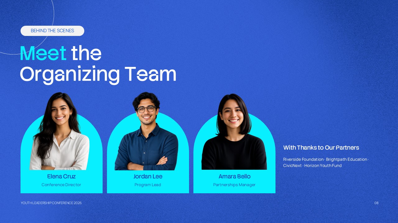Meet the Organizer Team Slide - three organizer profiles with photos, names, roles, and conference information
