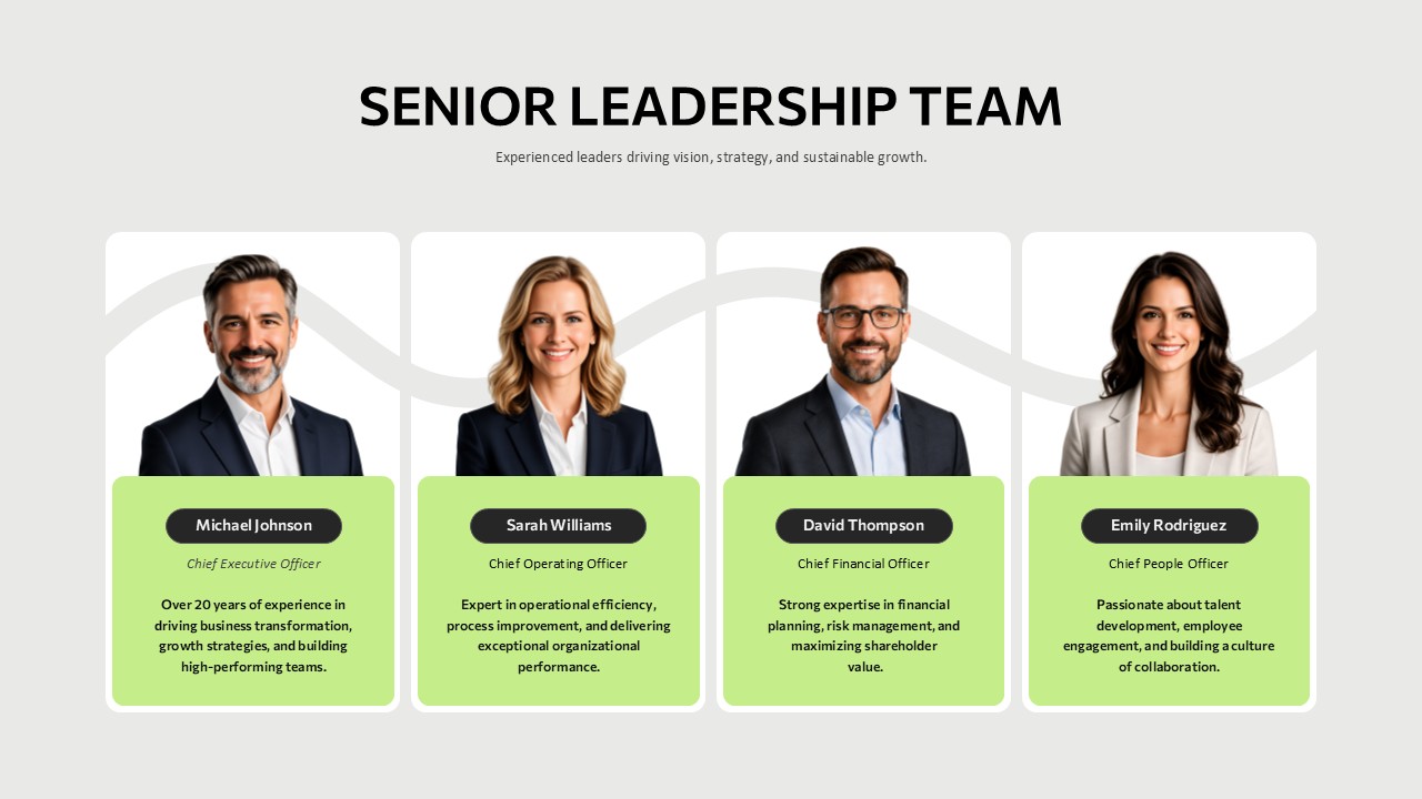 Editable Senior Leadership Team Introduction PPT Template