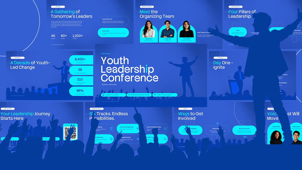 Youth Leadership Conference PowerPoint Template - blue conference presentation with event highlights, speakers, and audience visuals