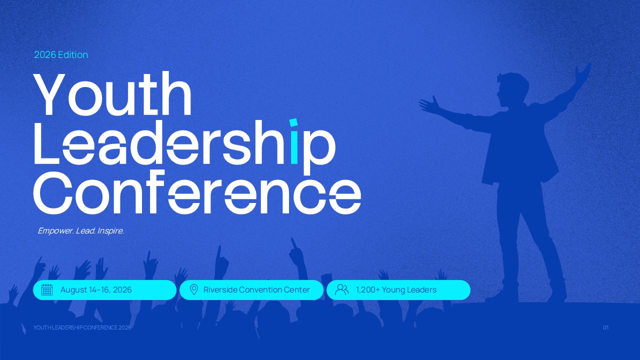 Youth Leadership Conference Presentation - blue title slide with event branding, speaker silhouette, and conference details