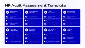 Human Resource Managers Audit Presentation Slide Template: Review compliance, employee records, training, performance, and workplace policies.