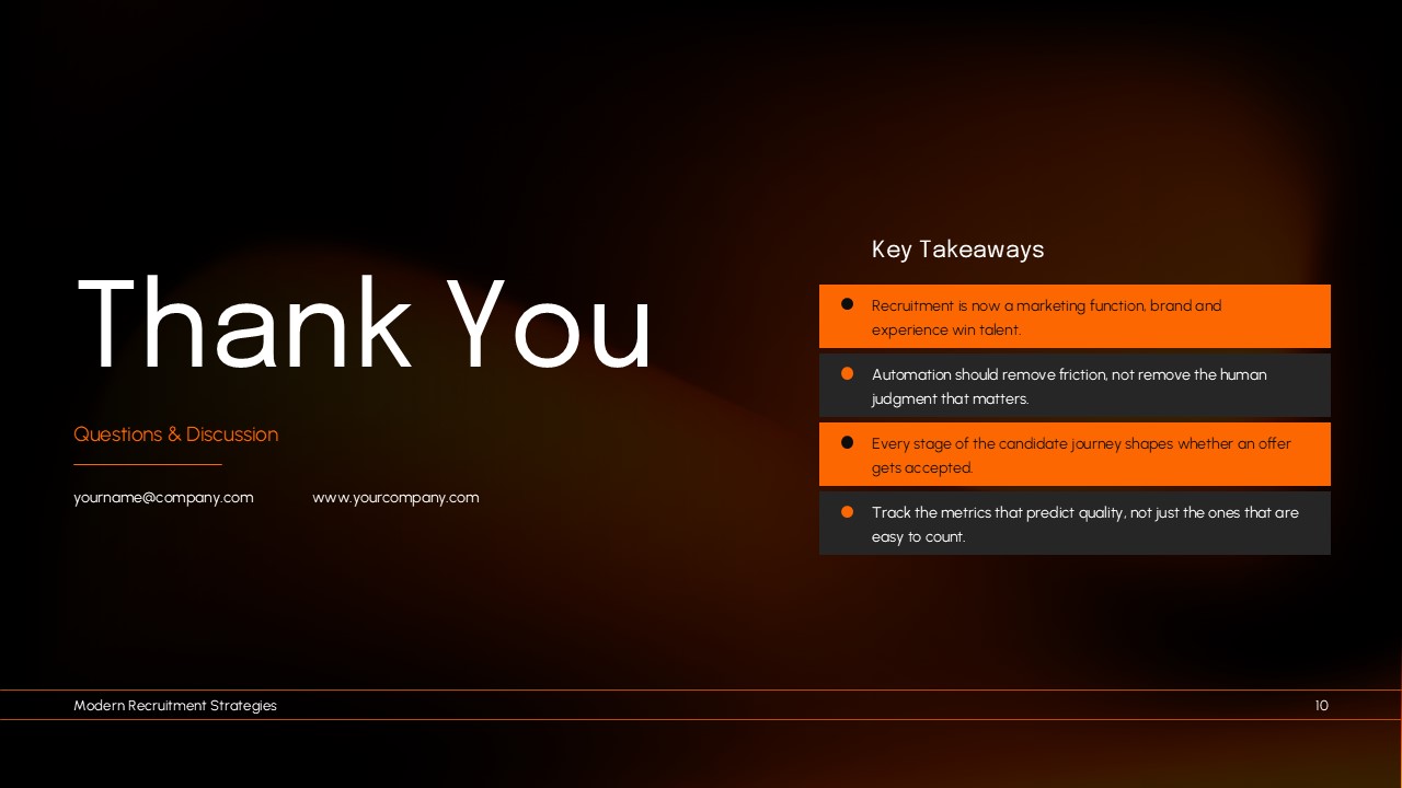 Recruitment presentation thank you slide with key takeaways and contact details