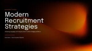 Modern Recruitment Strategies PowerPoint Template cover slide with dark background and orange abstract design