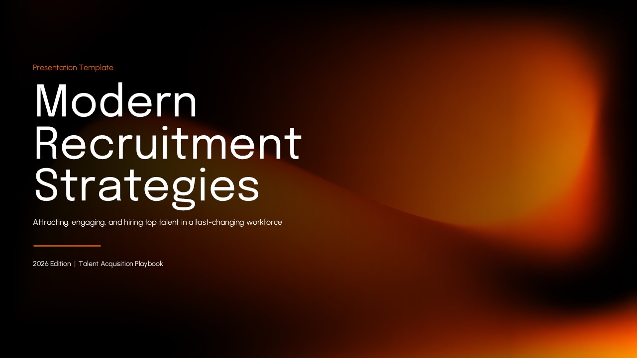 Modern Recruitment Strategies PowerPoint Template cover slide with dark background and orange abstract design