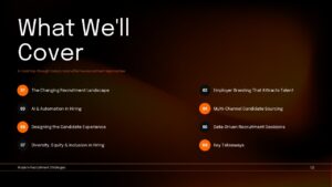 Modern Recruitment Strategies presentation agenda slide with eight recruitment topics