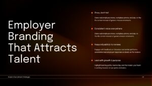 Employer branding recruitment strategy slide with talent attraction recommendations