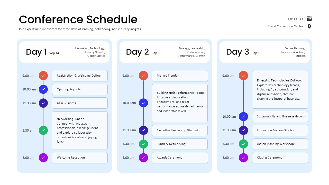 3 day conference agenda template for ppt presentations