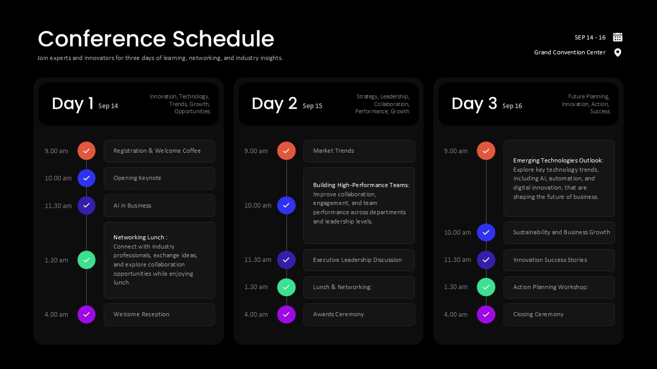 editable 3 day conference schedule ppt template
