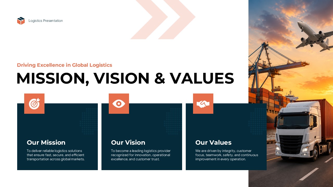 logistics presentation mission vision values slide