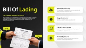 Shipping documentation PPT slide explaining bill of lading details, cargo information, transportation routes, and authorized signatures.