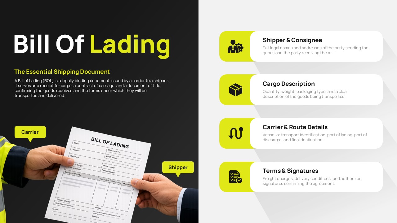 Shipping documentation PPT slide explaining bill of lading details, cargo information, transportation routes, and authorized signatures.