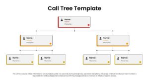 Call Tree PowerPoint slide template showing a three-level communication hierarchy with seven contact boxes, name and phone number fields, and color-coded connections for emergency notifications.